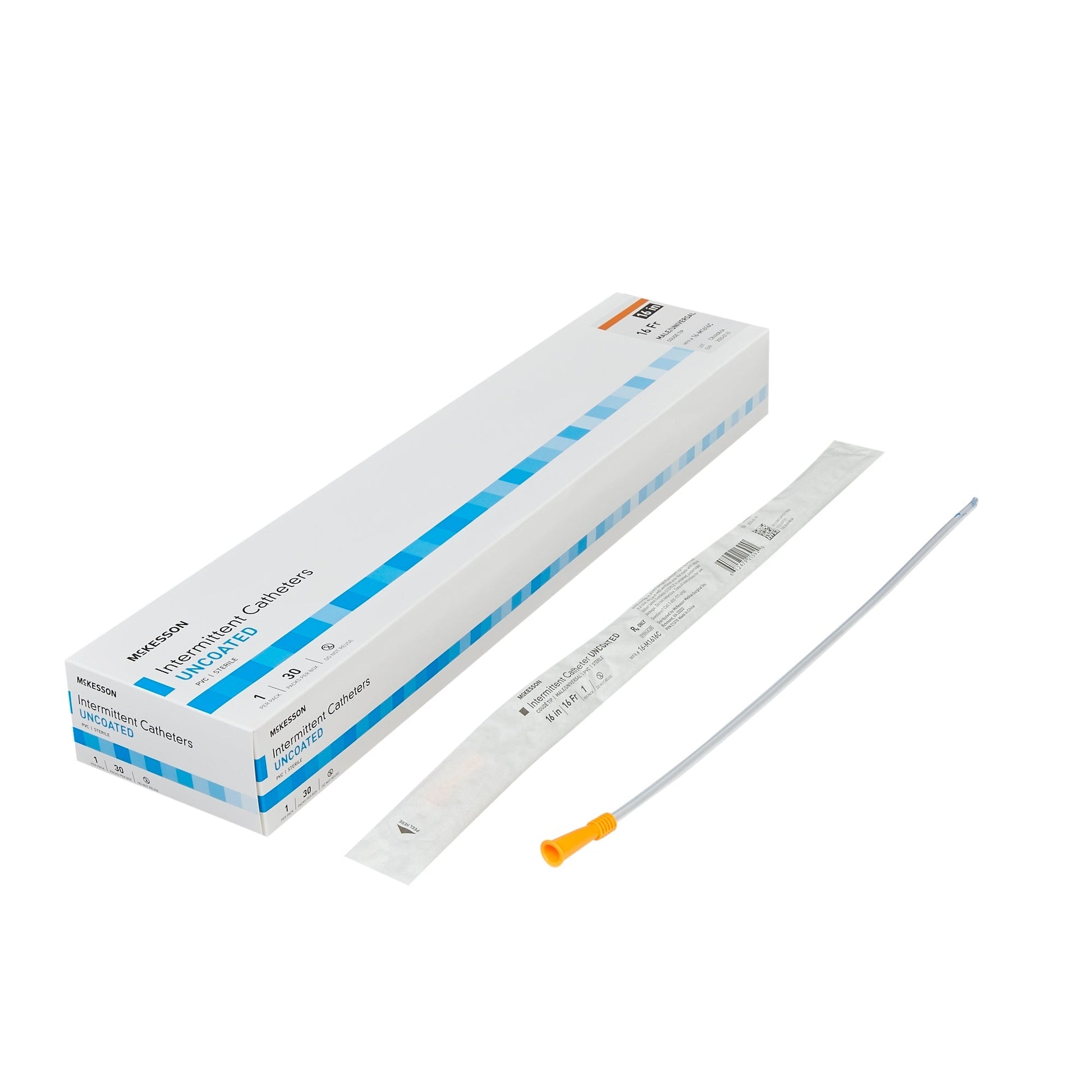 Intermittent male/universal coude tip urethral catheter set, uncoated, 16 in length