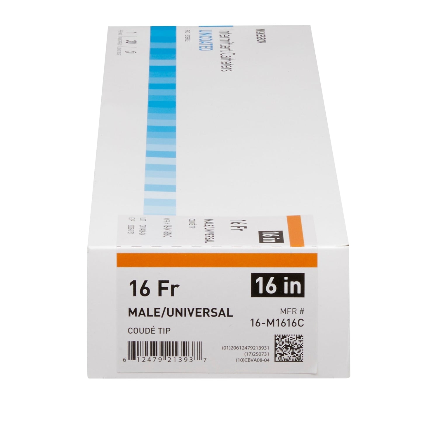 16 Fr male/universal coude tip intermittent catheter, uncoated, 16 in box