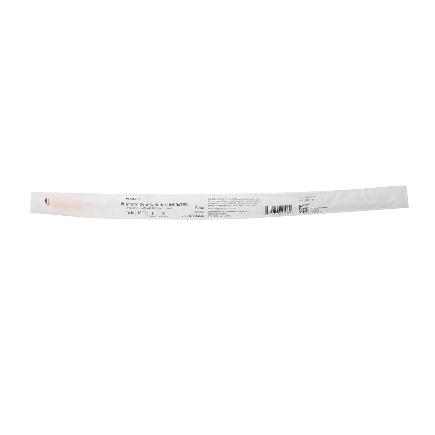 Uncoated intermittent catheter strip, coude tip, 16 in, male/universal labeling