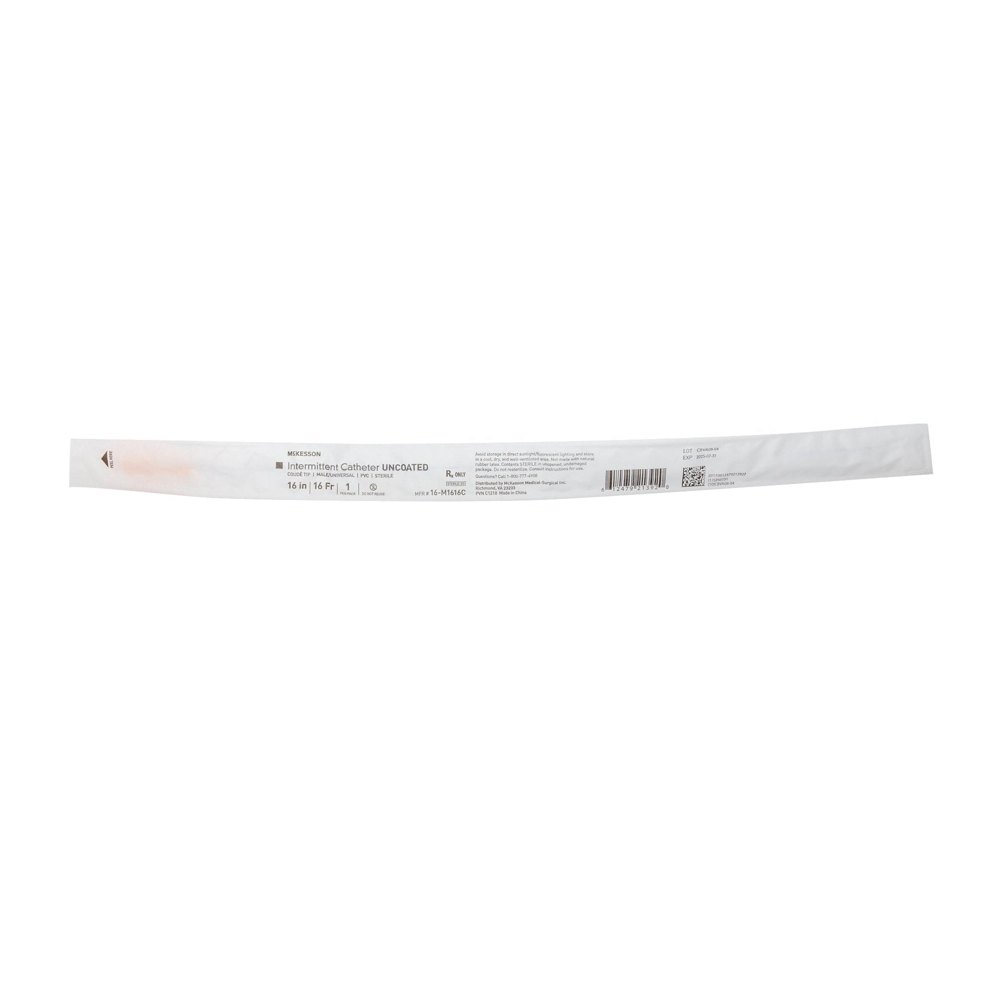 Uncoated intermittent catheter strip, coude tip, 16 in, male/universal labeling