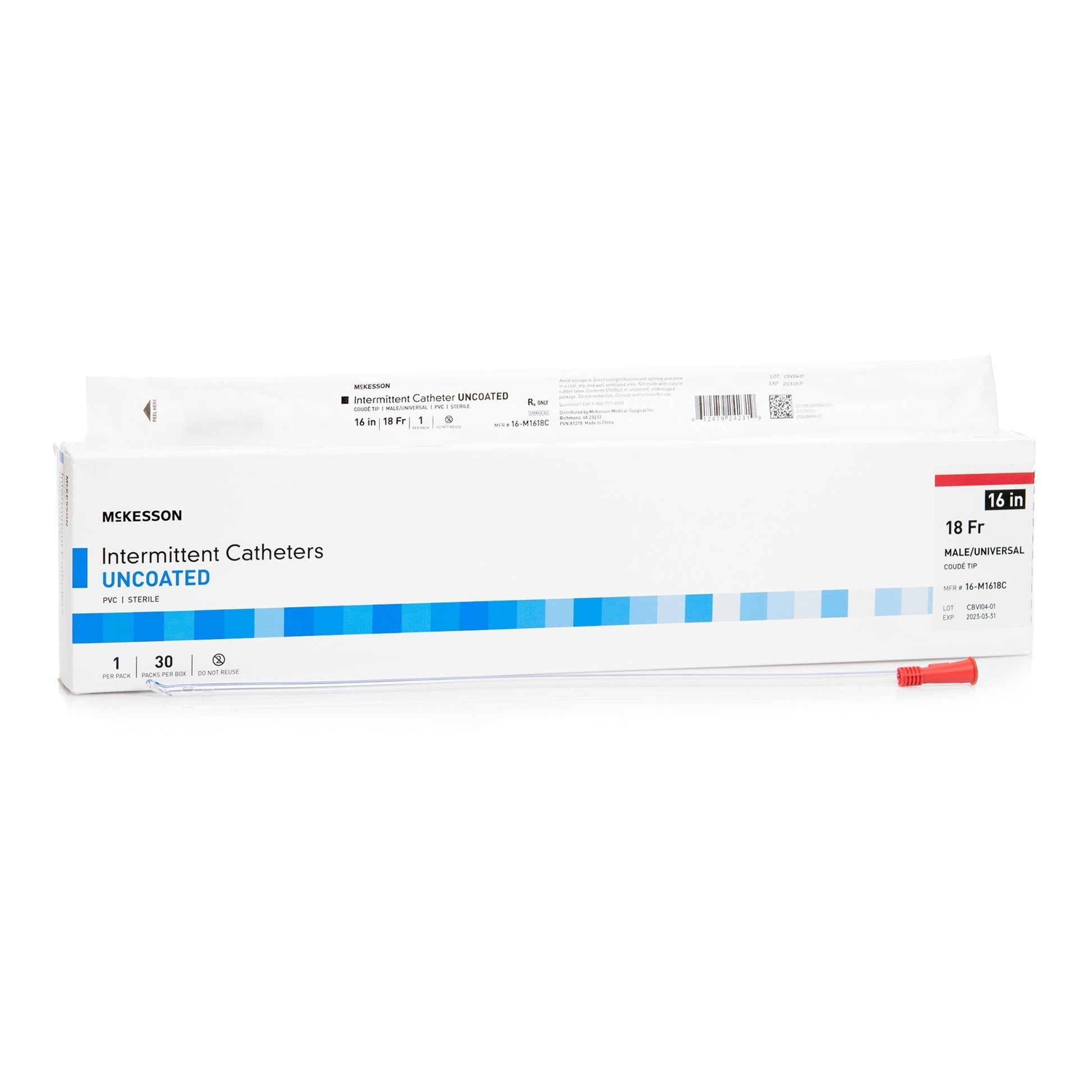 18 Fr male/universal coude tip intermittent catheters, uncoated, 16 in, boxed