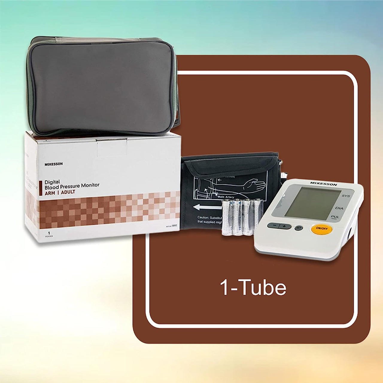 Digital blood pressure monitor box contents with arm cuff, display unit, and zip case