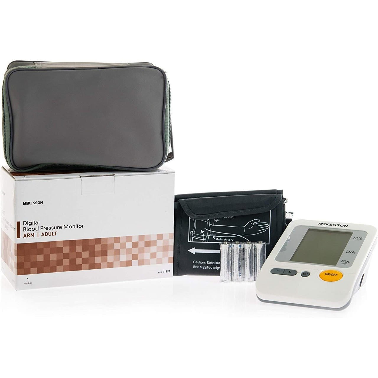Digital blood pressure monitor kit with open carrying case, cuff, and control unit