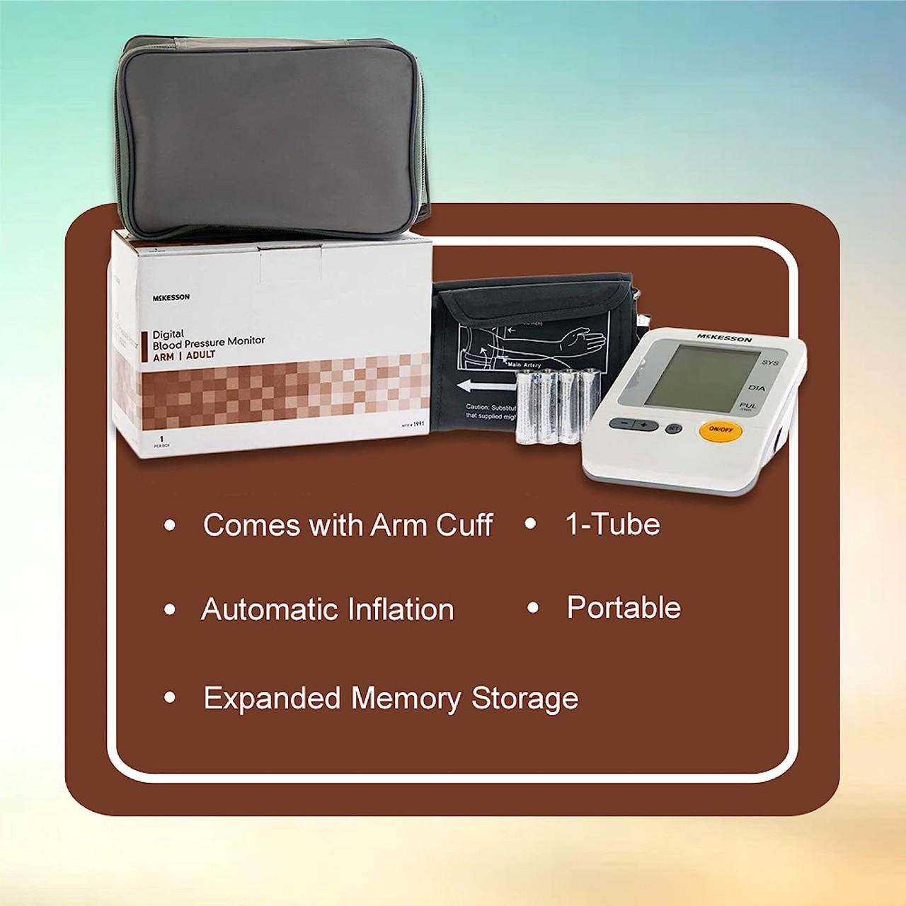 Digital blood pressure monitor set in box with arm cuff, control unit, and zip case