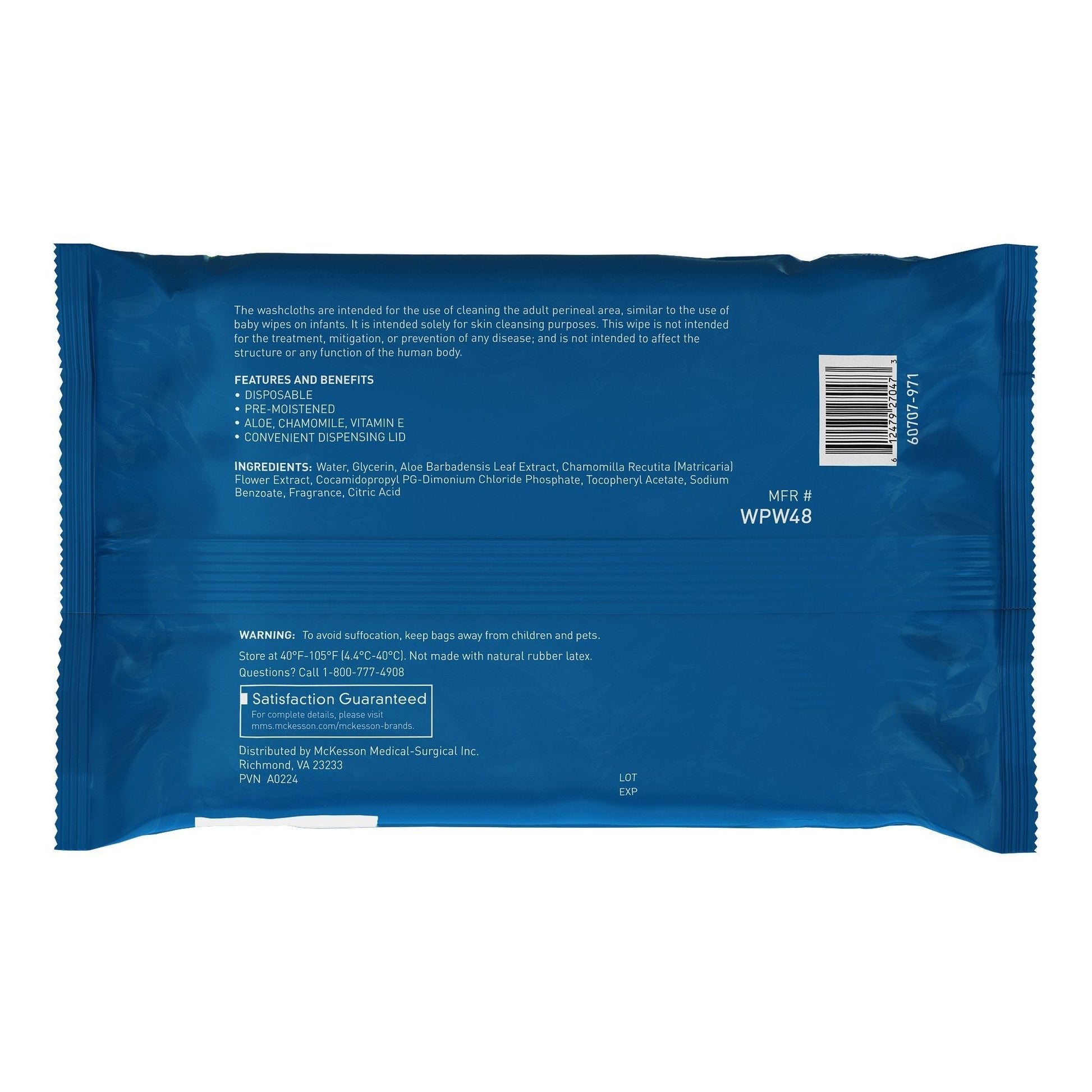 Back of Fresh Scent disposable washcloth pack; ingredients and MR # WWP48