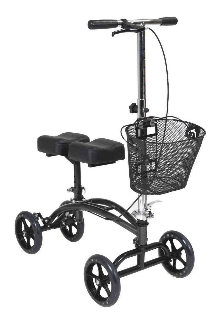 Dual pad steerable knee walker with front basket and padded knee support
