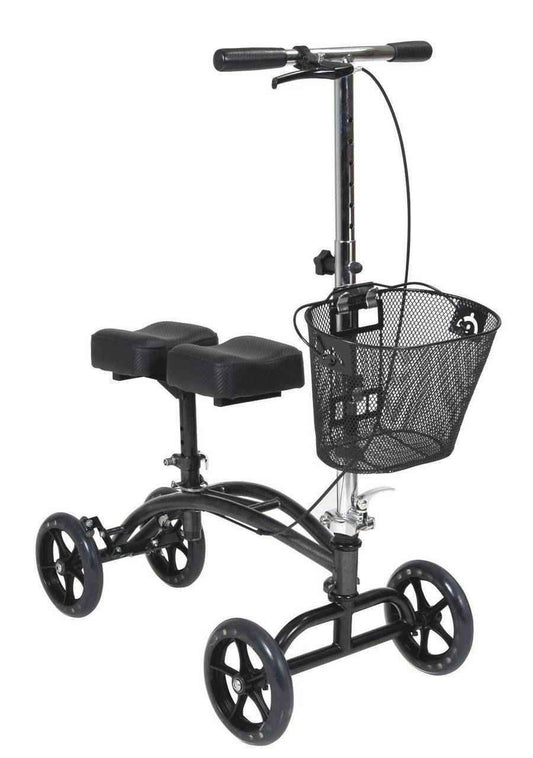 Dual pad steerable knee walker with front basket and padded knee support