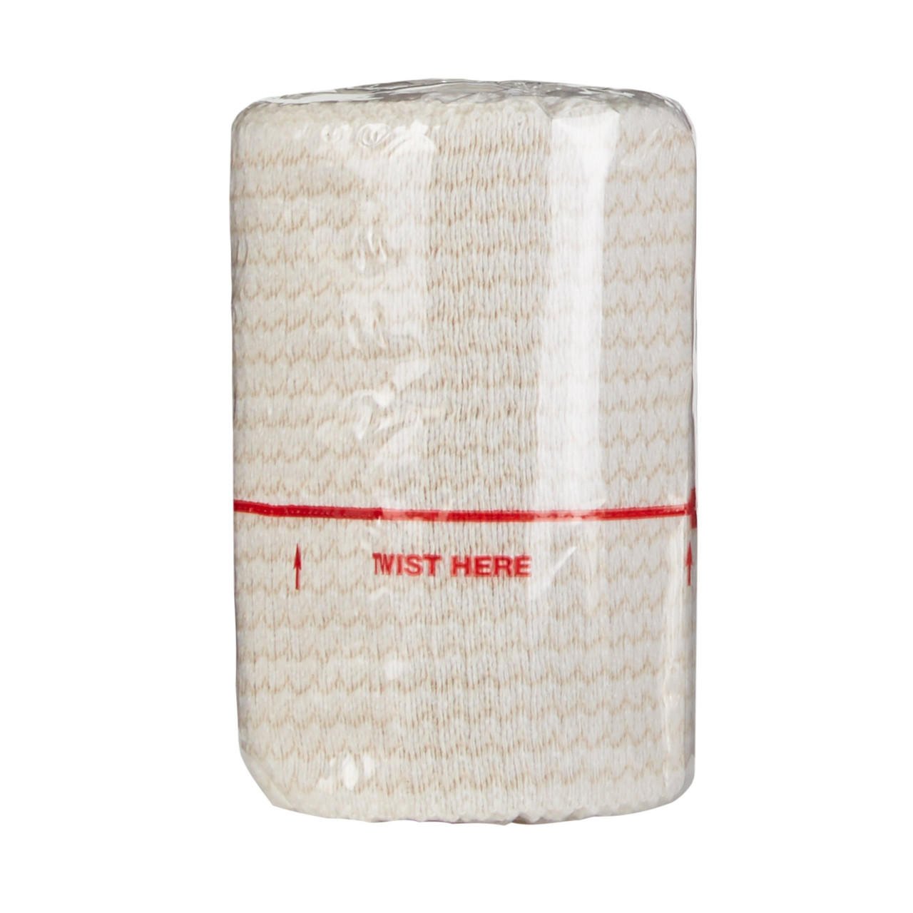 Elastic bandage roll in clear wrap with red line; hook-and-loop closure style