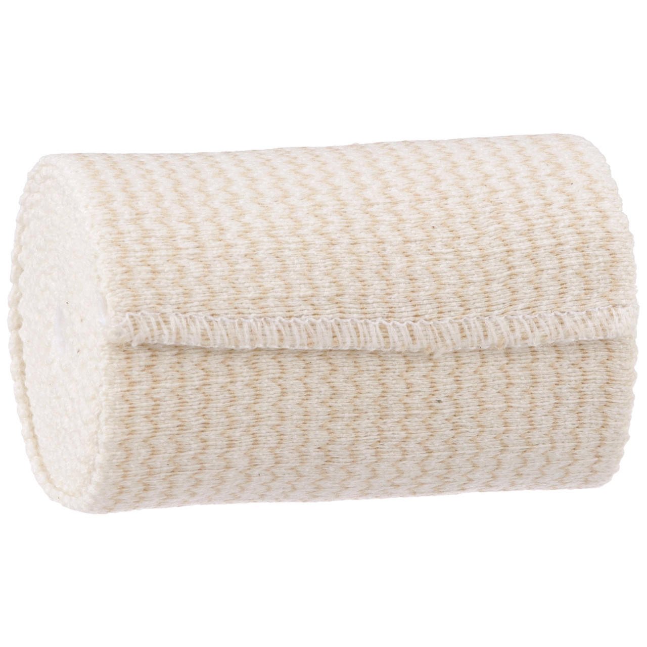 White elastic hook-and-loop bandage roll, tightly wrapped with textured weave