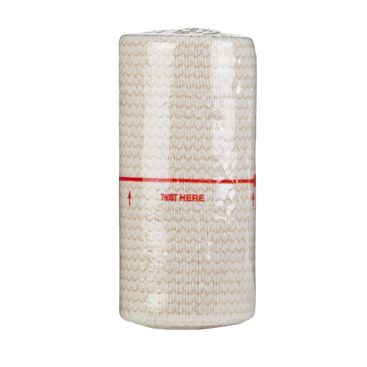White elastic bandage roll with twist tie, 4 in x 5 yd, hook-and-loop closure