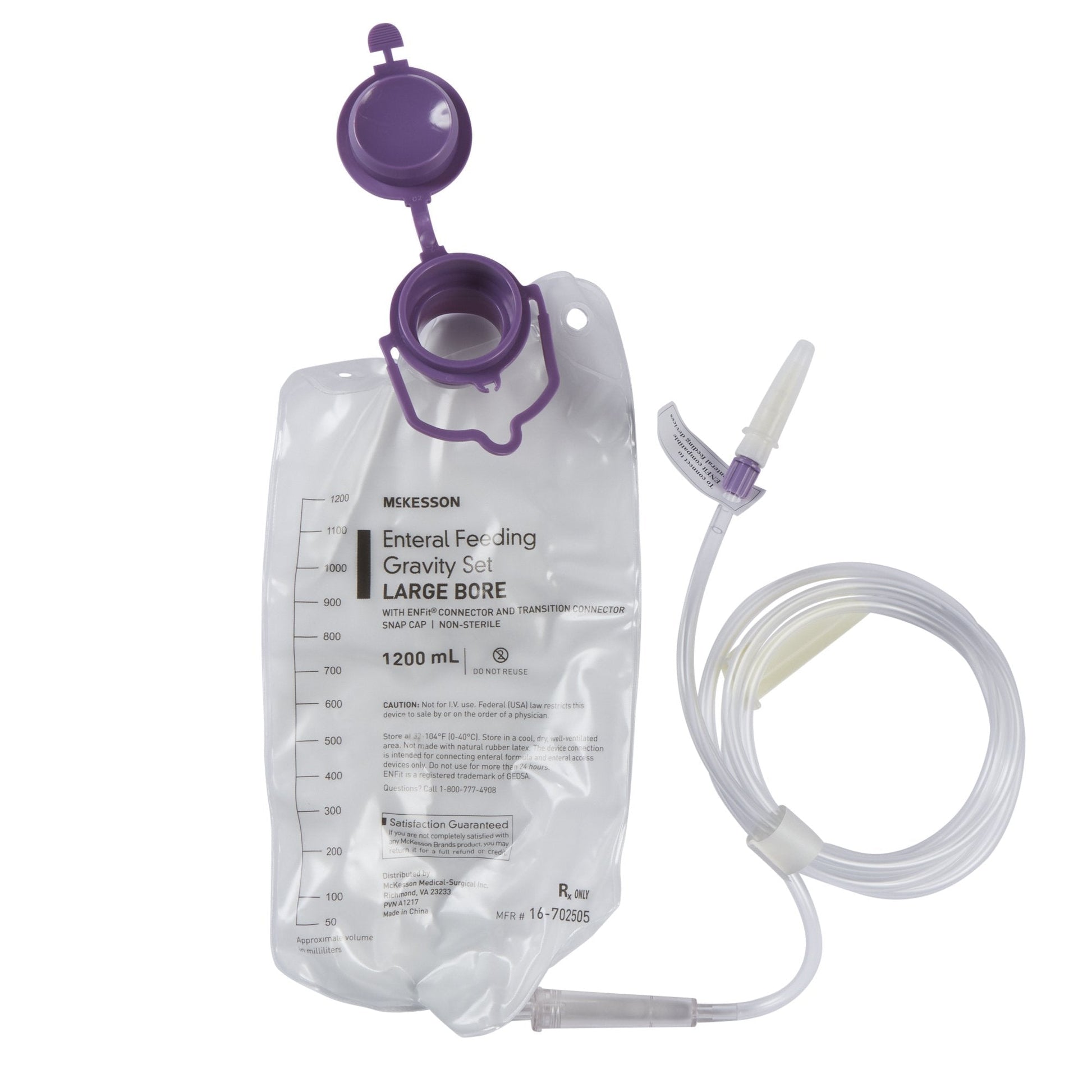 Large-bore enteral gravity feeding bag set with ENFit connector and tubing loop