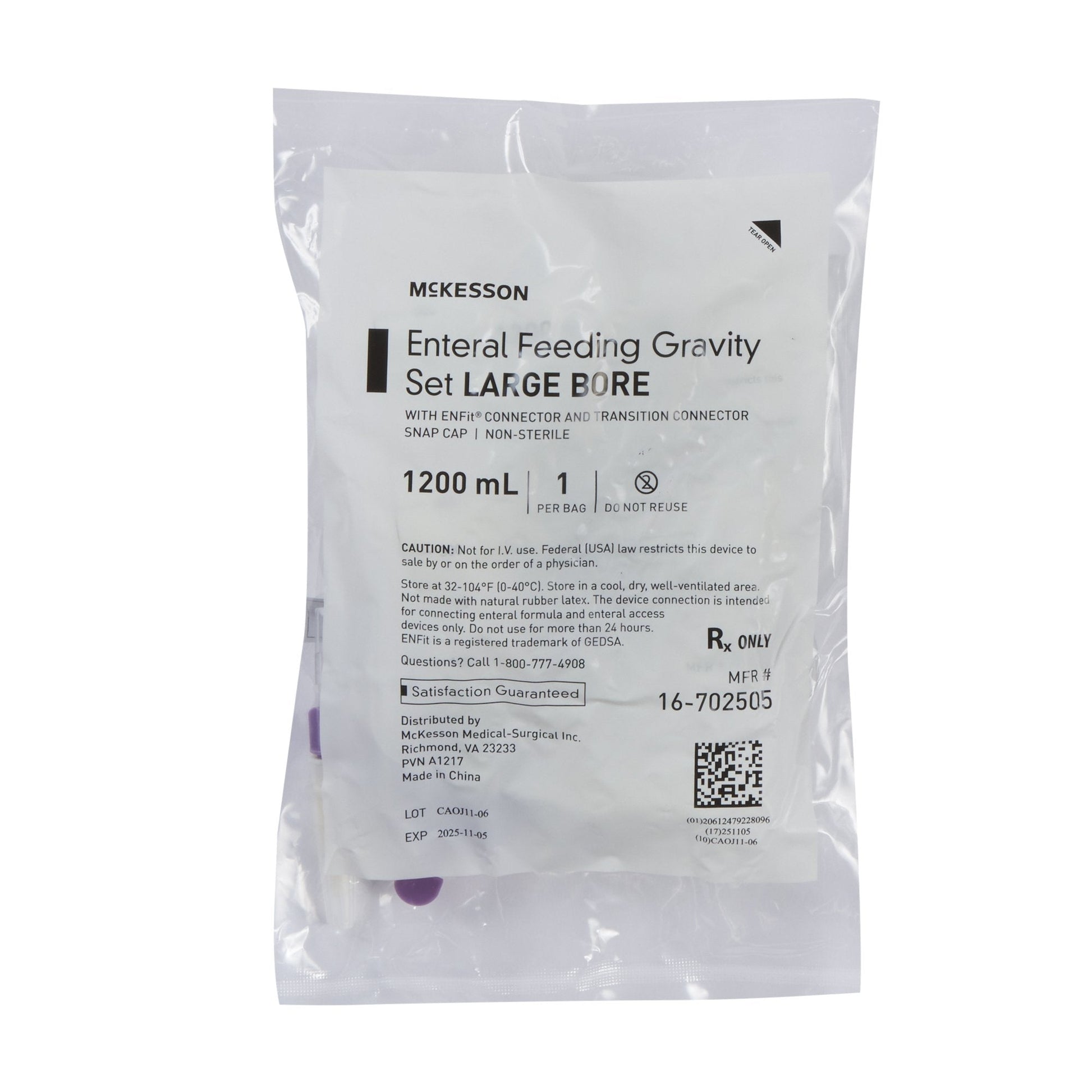 Packaged large-bore enteral feeding gravity set with ENFit connector, 1200 mL