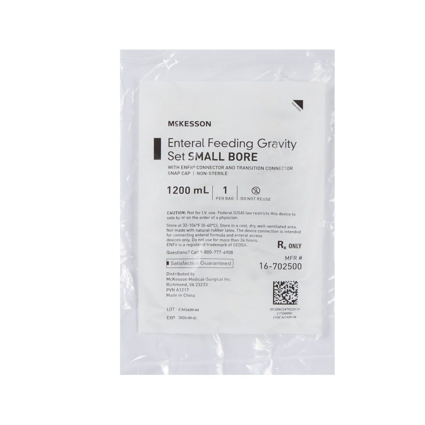 Sealed enteral feeding gravity set pouch, small bore, 1200 mL per bag