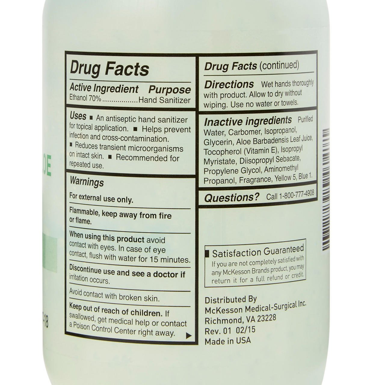 Hand sanitizer bottle back label with Drug Facts and directions