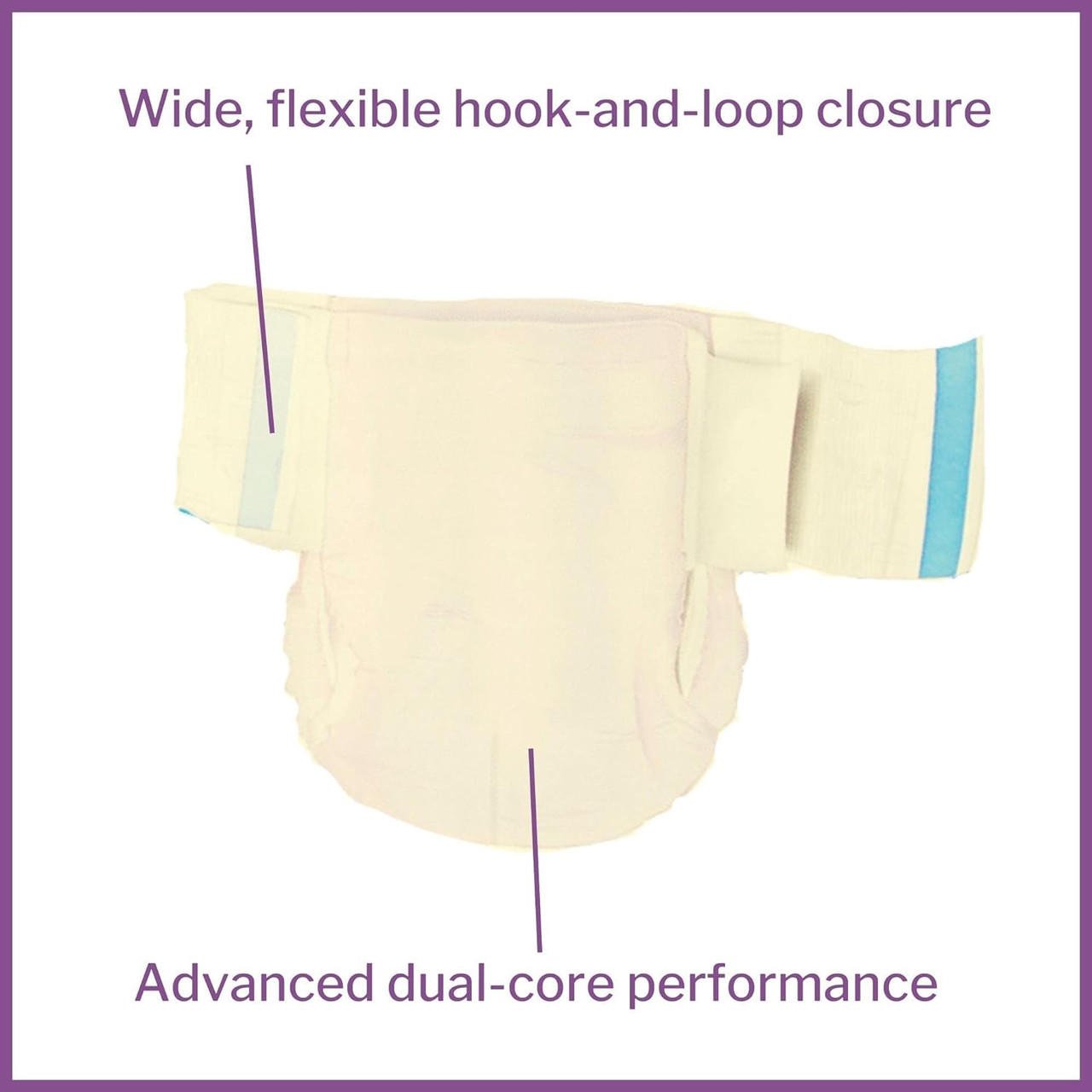 Stretch adult briefs with wide hook-and-loop closure and dual-core performance