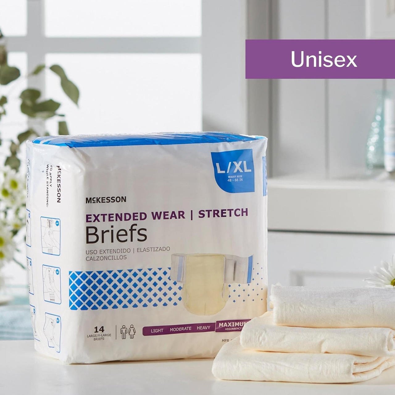 Extended Wear Stretch briefs, Unisex L/XL, waist 48–66 in, 14 count pack
