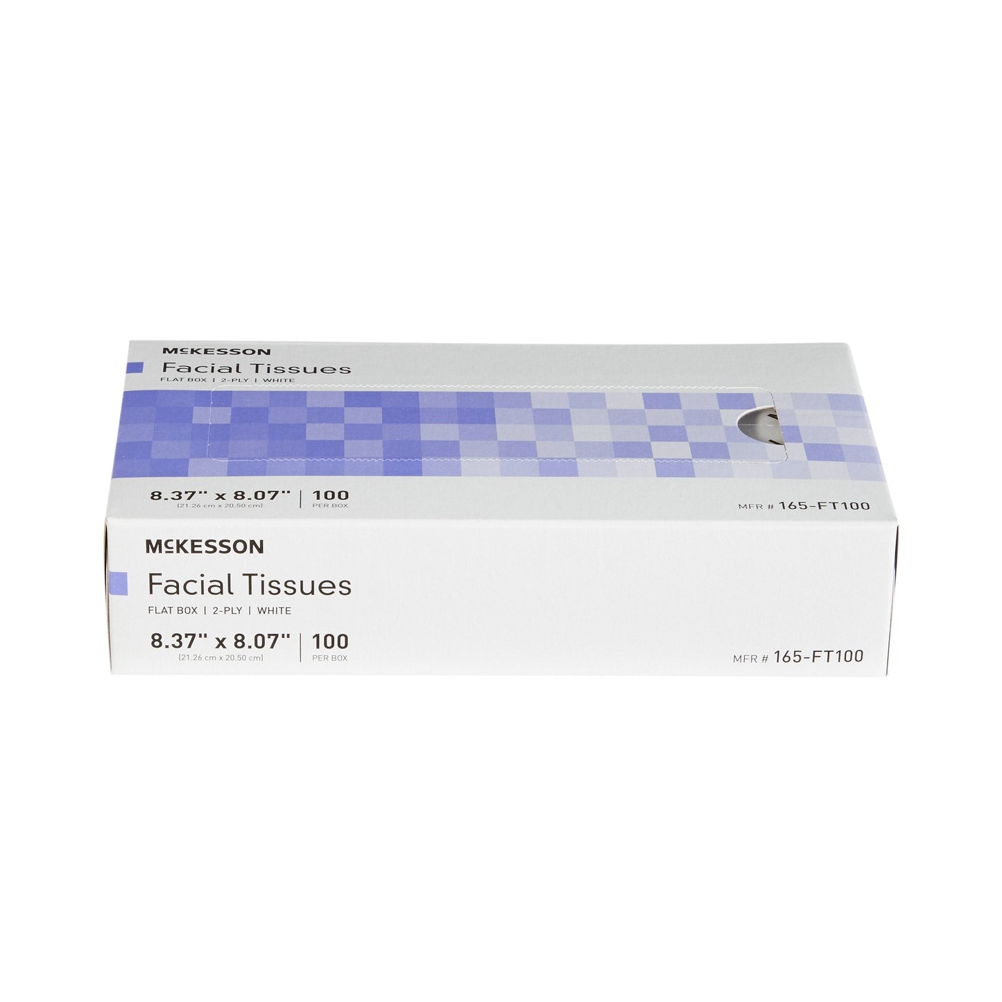 White facial tissues box with checker band, 8.37 x 8.07 in, 100 per box