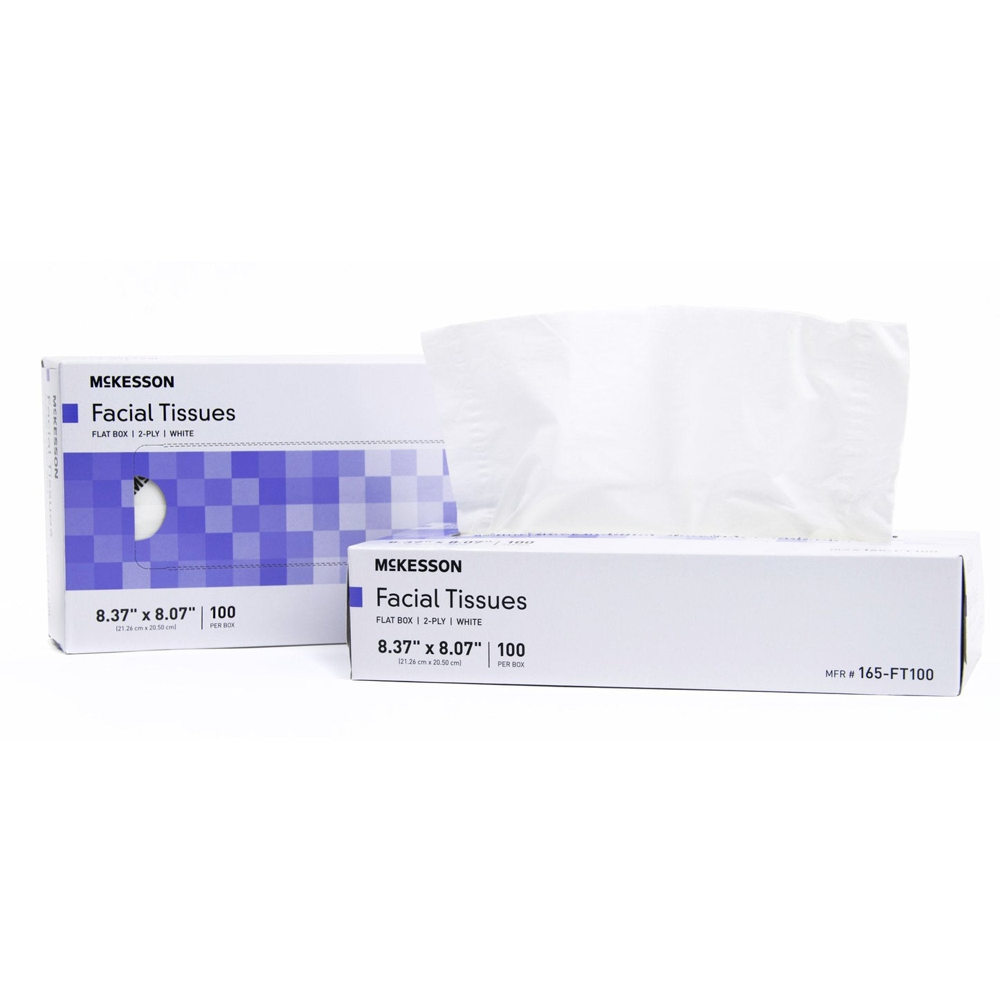 White facial tissue box, 8.37 x 8.07 in, 100 tissues per box