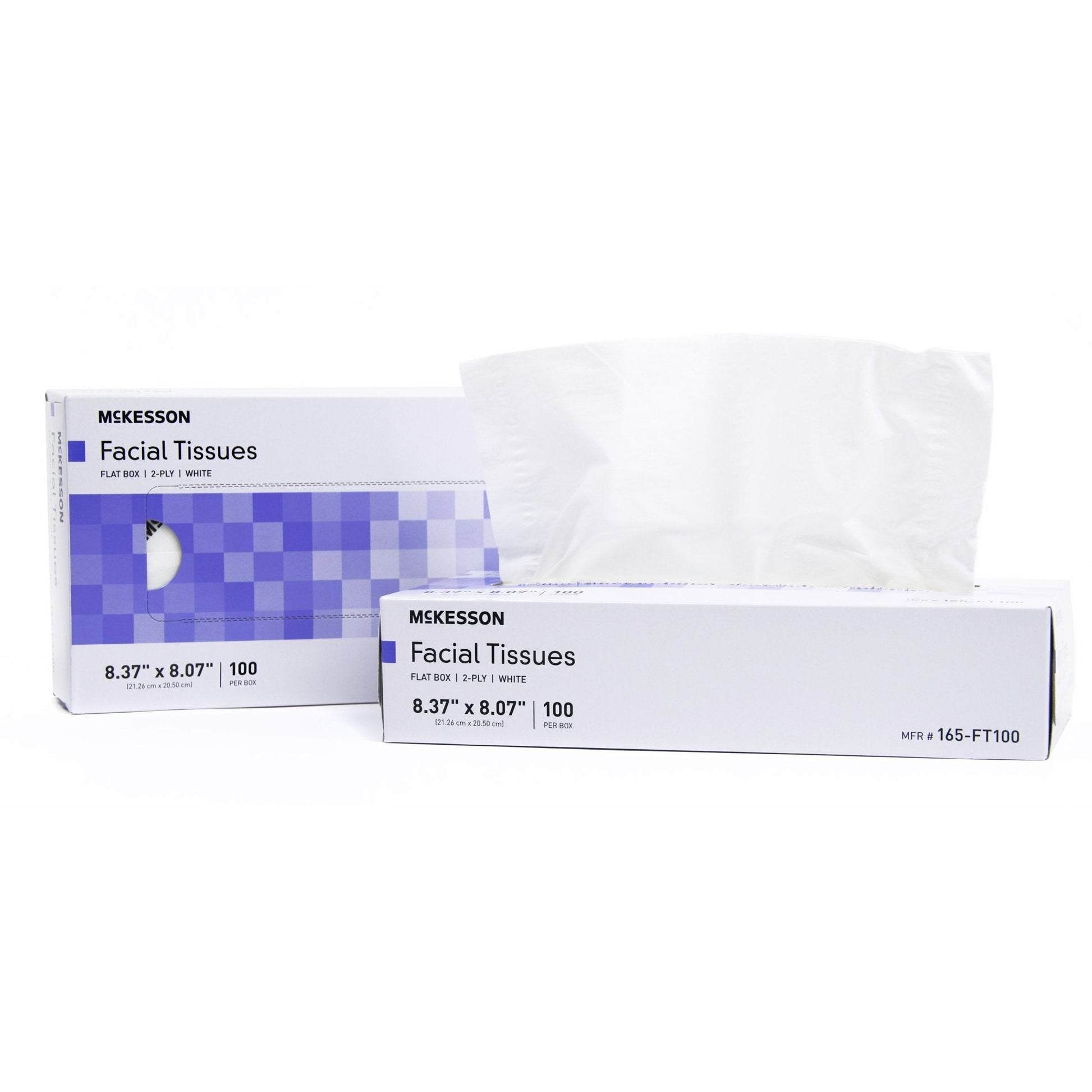 White facial tissue box, 8.37 x 8.07 in, 100 tissues per box