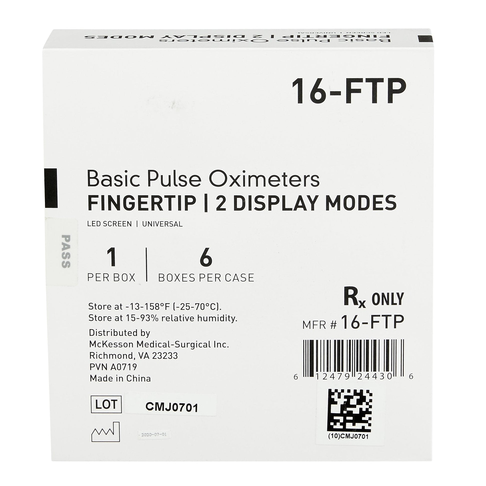 Fingertip pulse oximeter box label showing 16-FTP and Basic Pulse Oximeters