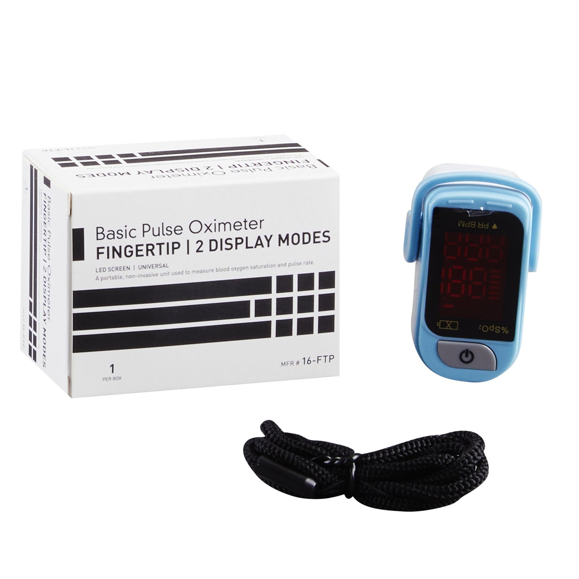 Blue fingertip pulse oximeter with power button, LED screen and included black cord
