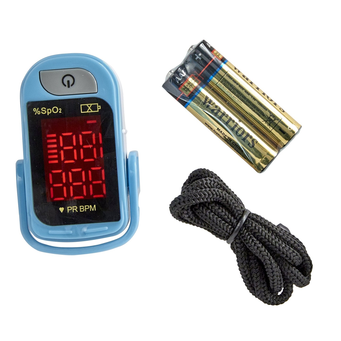 Blue fingertip pulse oximeter with red LED SpO2 and PR BPM display screen