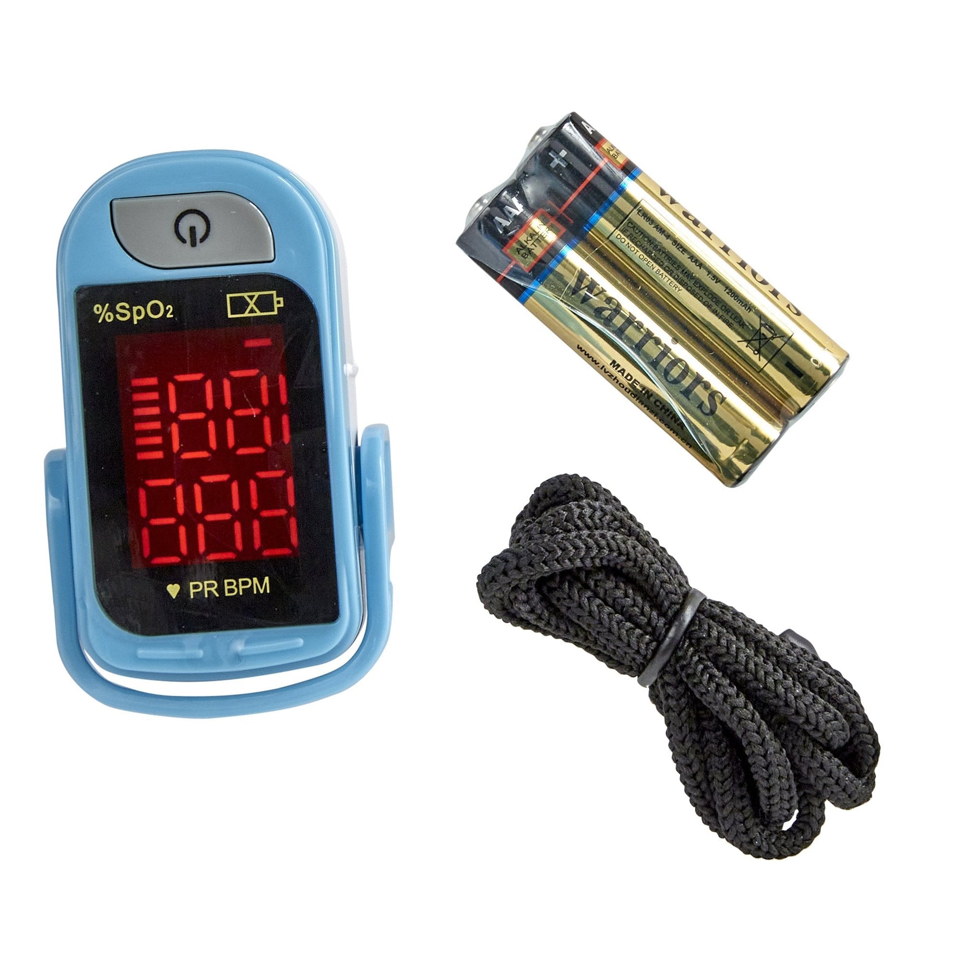Blue fingertip pulse oximeter with red LED SpO2 and PR BPM display screen