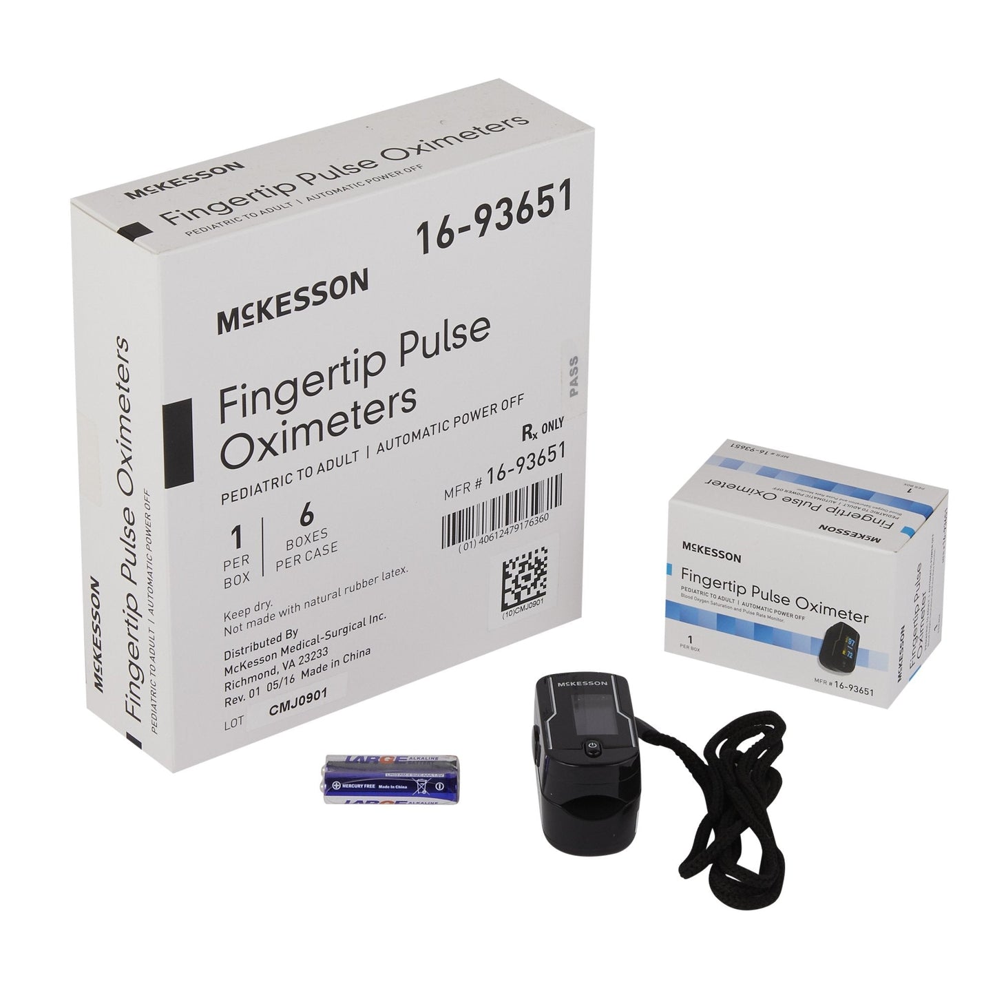 Fingertip pulse oximeter kit with box, device, lanyard, and batteries