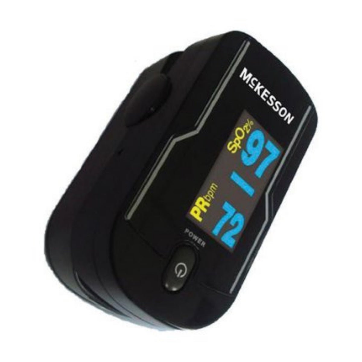 McKesson fingertip pulse oximeter with OLED screen showing SpO2 and PR