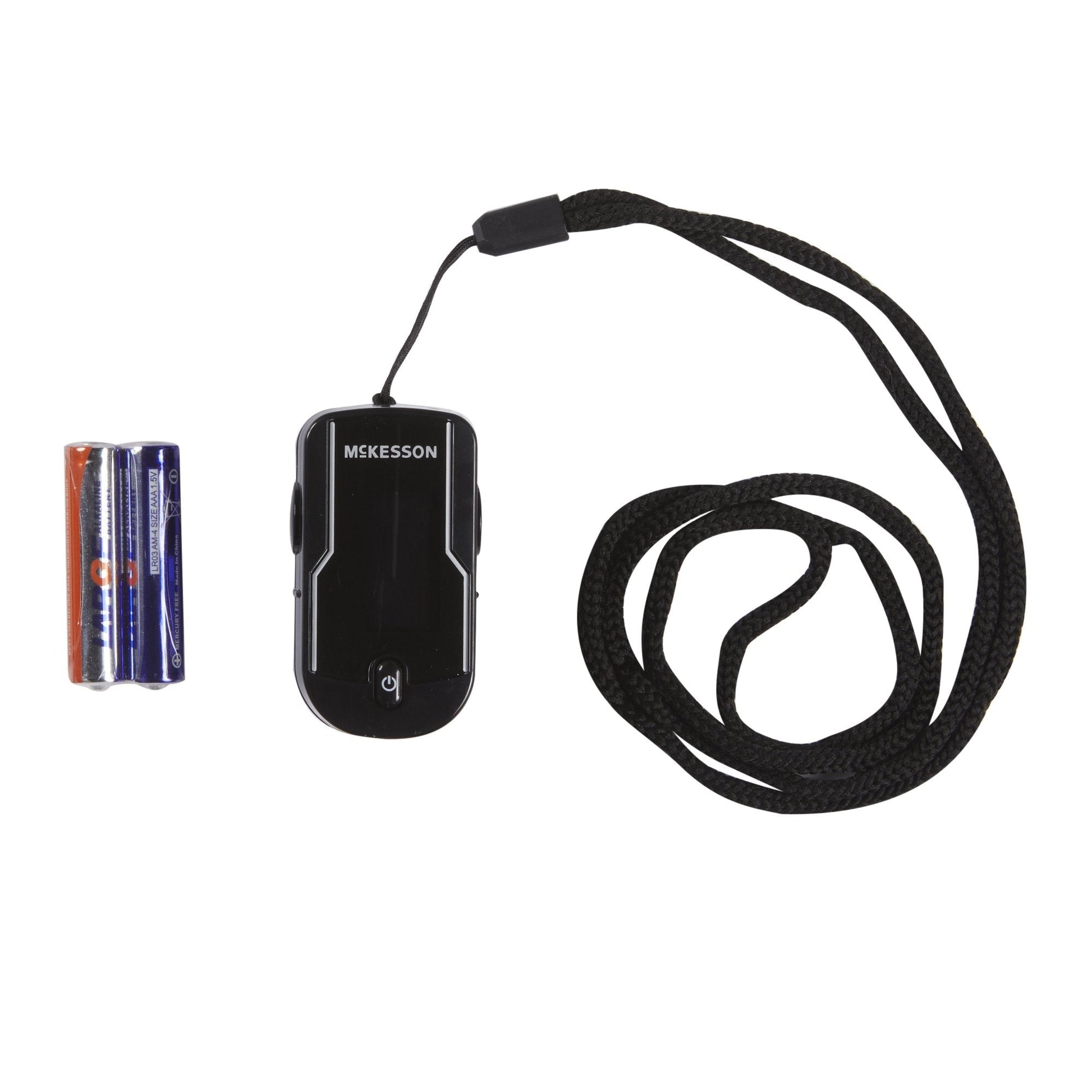 Fingertip pulse oximeter and wrist strap with included batteries