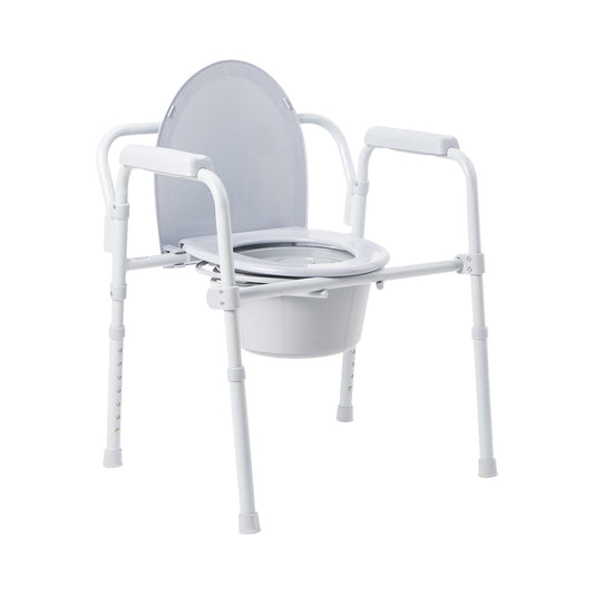 Folding commode chair with fixed arms, steel frame, toilet seat and bucket in front view