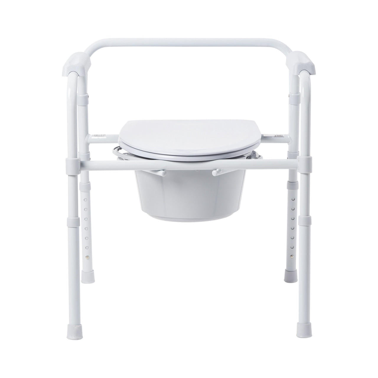 Folding commode chair with fixed arms, steel frame, hinged seat and bucket, side view