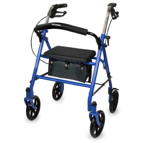 Four-wheel rollator walker with blue frame, padded seat, and hand brakes