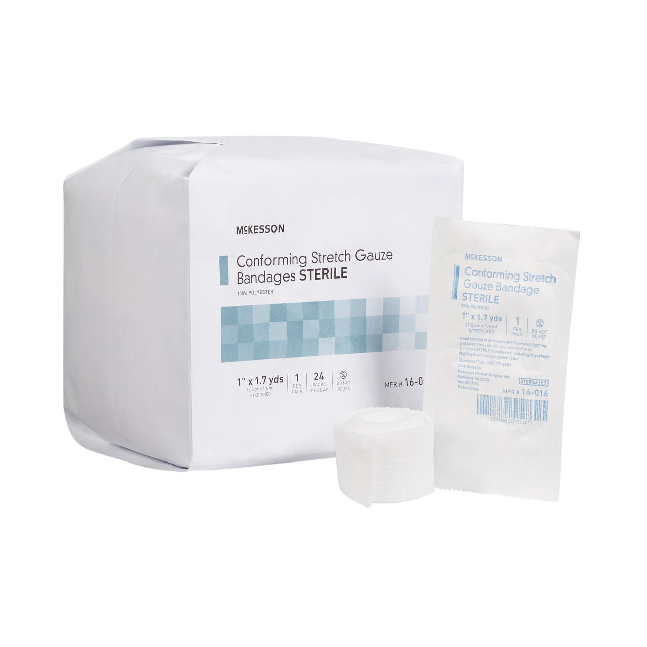 Sterile conforming stretch gauze bandage roll 1 in x 1.7 yds, 24-count, white