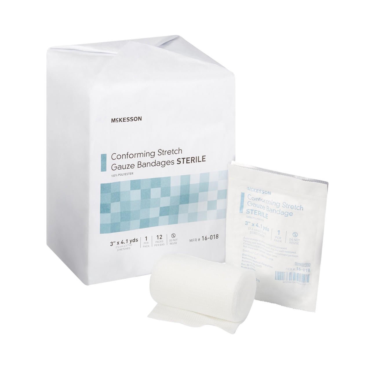 Sterile conforming stretch gauze bandage roll, 3 in x 4.1 yds with packaging