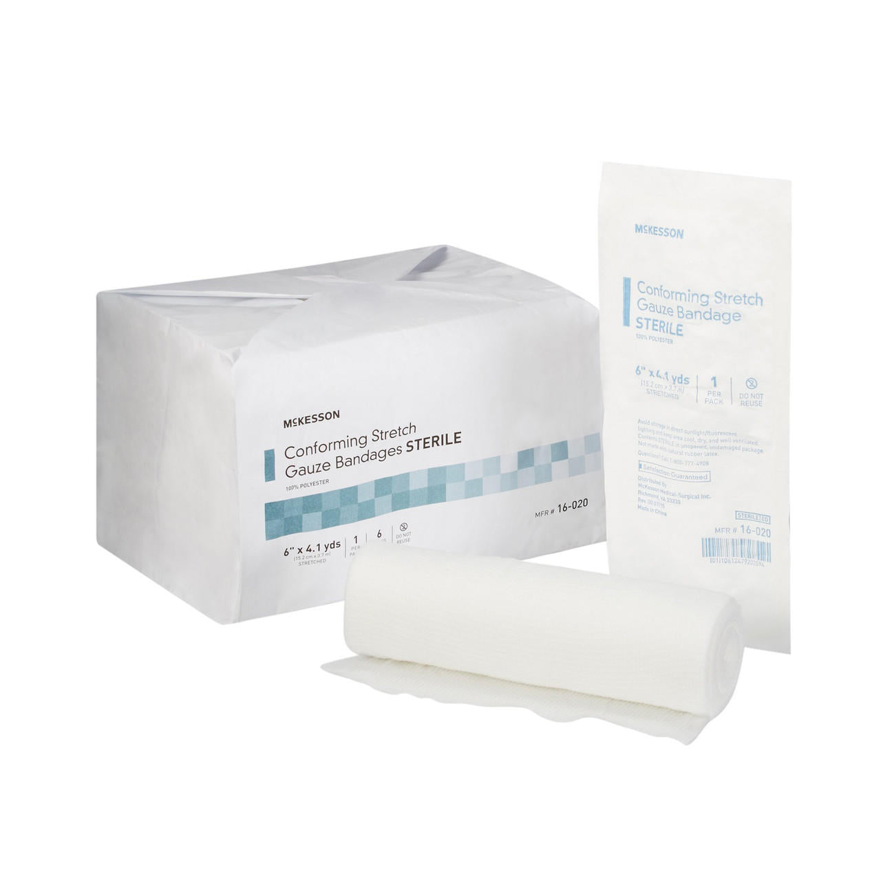 Sterile conforming stretch gauze bandage roll, 6 in x 4.1 yds, with package