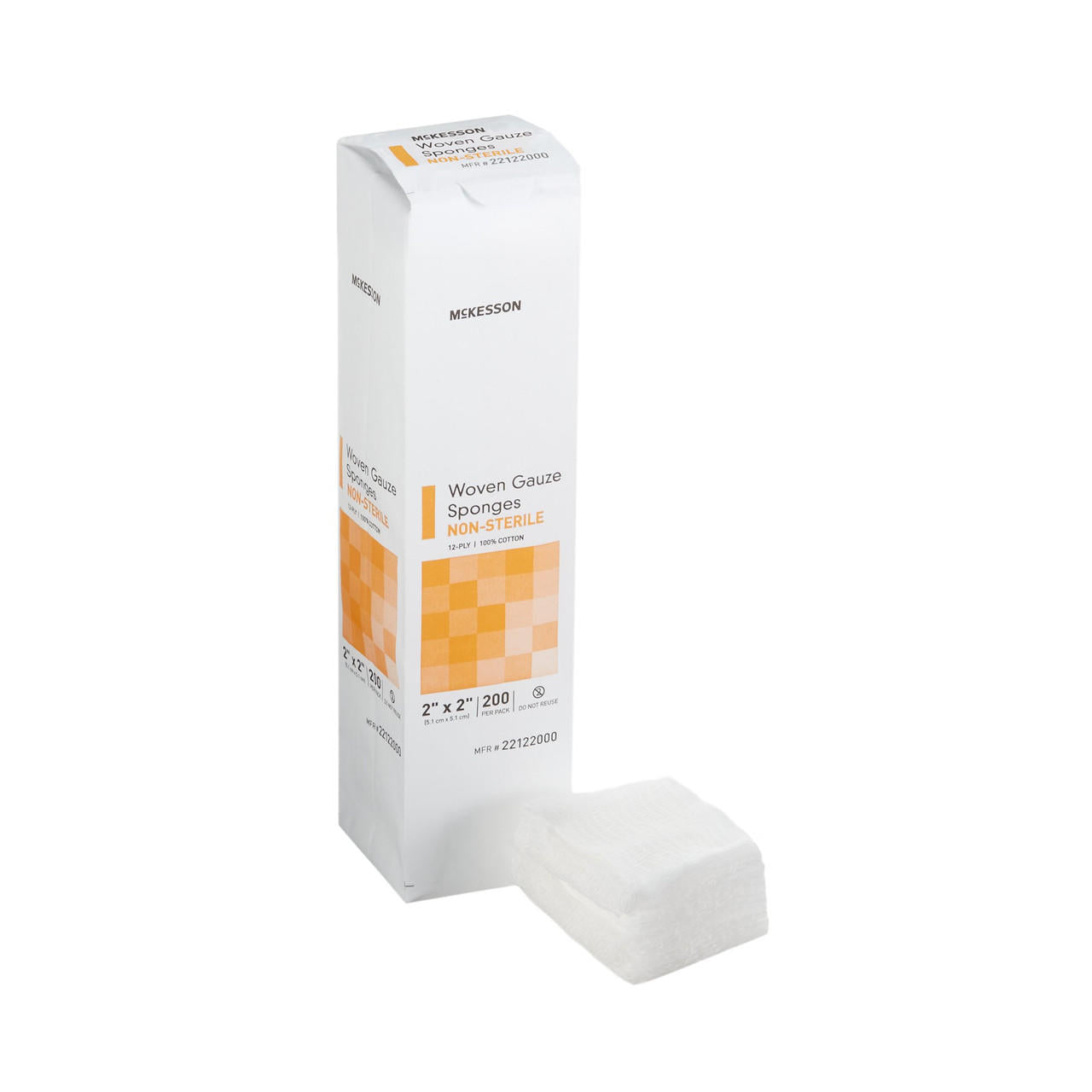 Non-sterile 12-ply woven gauze sponges, 2x2 in, box of 200