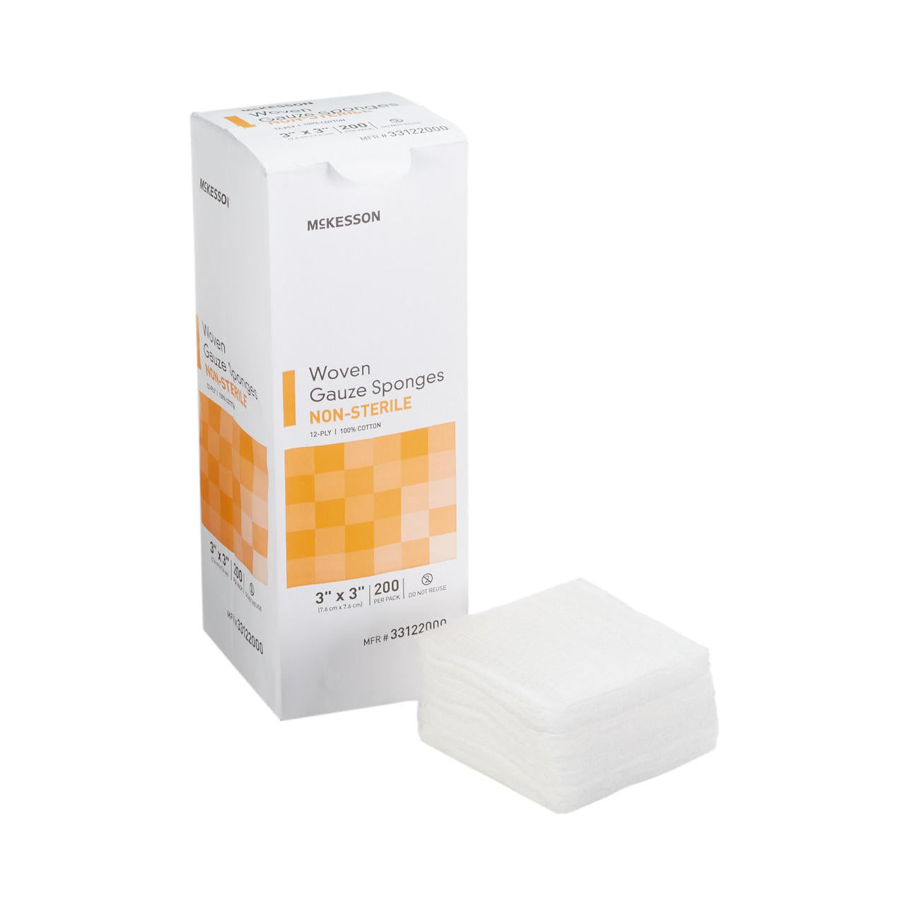 Non-sterile woven gauze sponge squares, 3x3 in; stack and product box