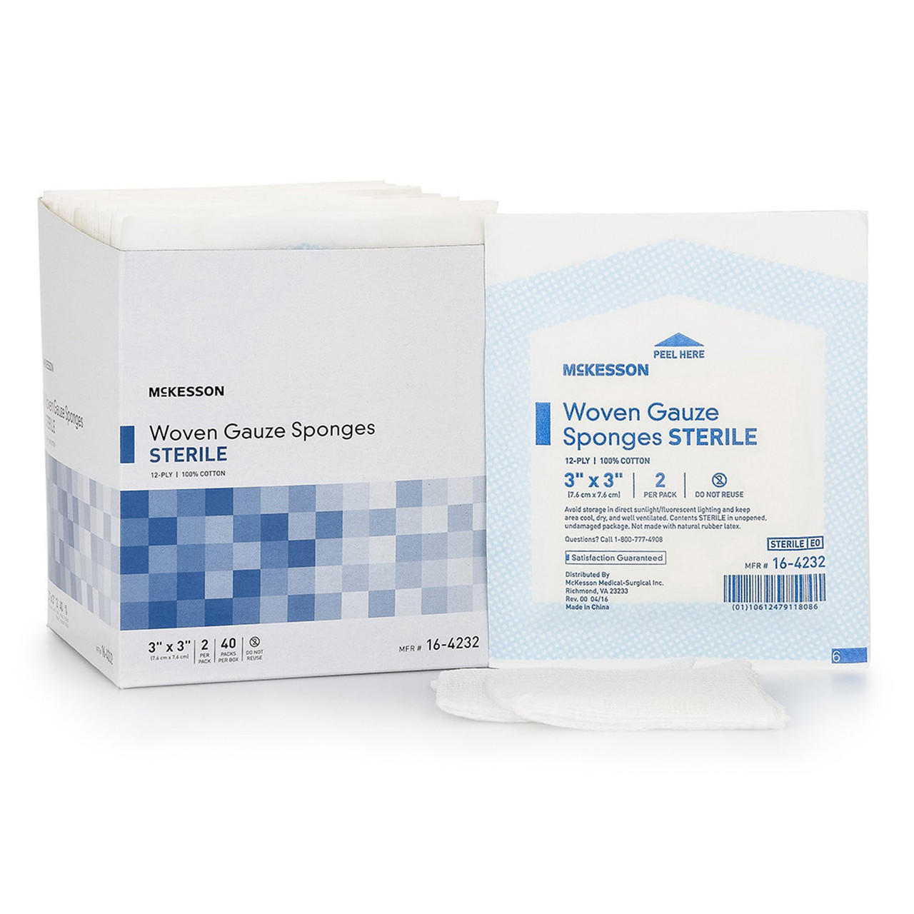 Sterile woven gauze sponges, 3x3 inch squares; 12-ply gauze pads (box and wrapped pack)