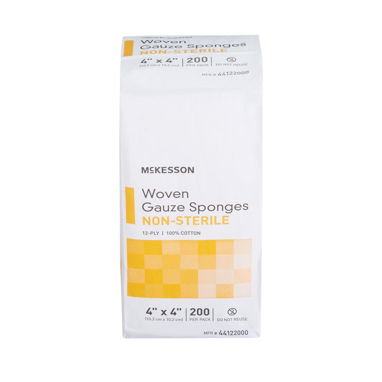 Labeled package: non-sterile woven gauze sponges, 12-ply, 4x4 in, 200 per pack