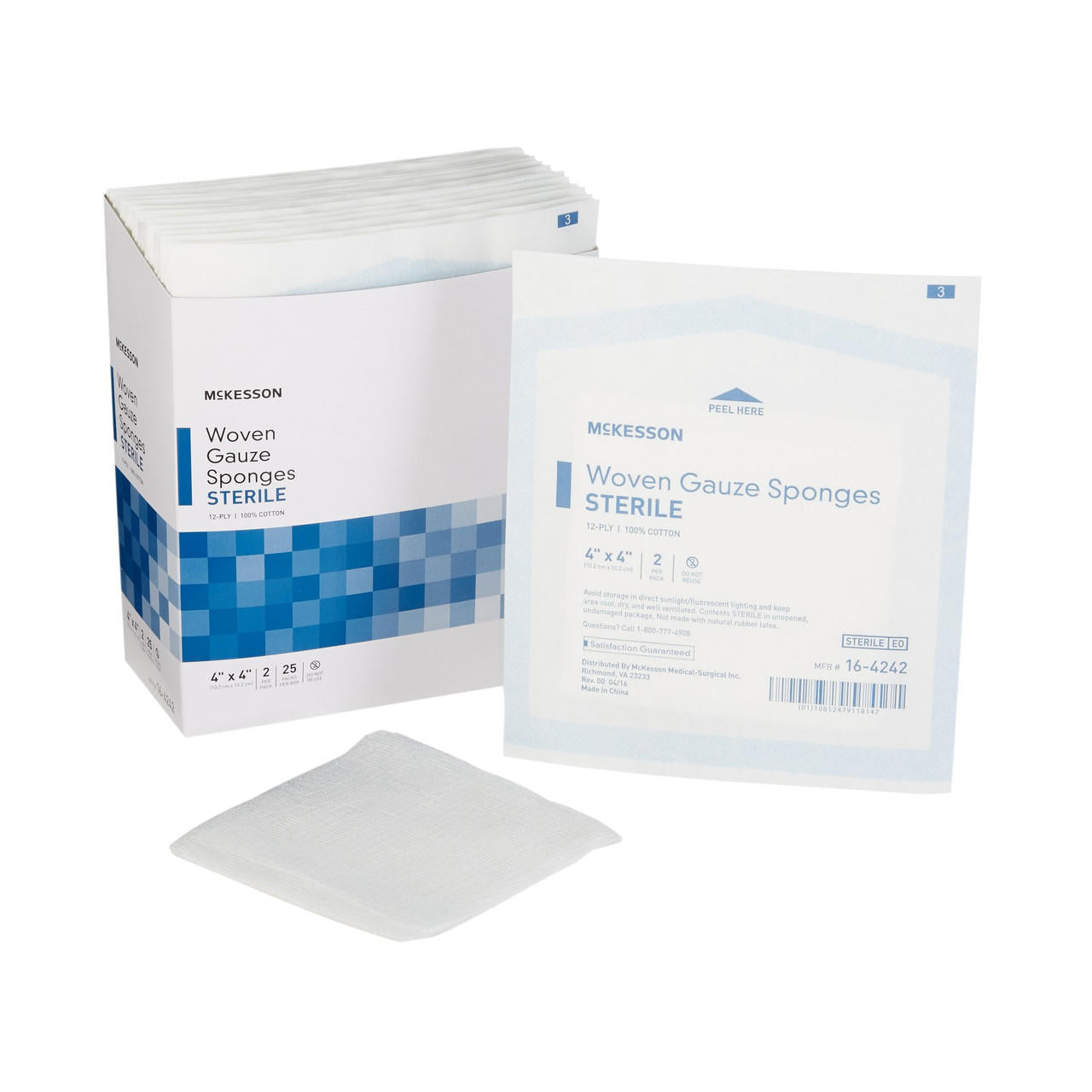 Sterile woven gauze sponges, 4 x 4 inch, 12-ply; shown in box and sealed pouch