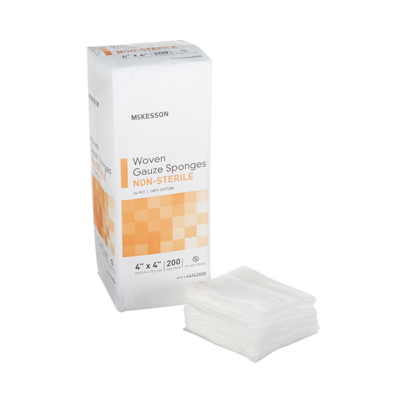 Non-sterile 16-ply gauze sponge squares, 4x4 in, 200-count box and folded pads
