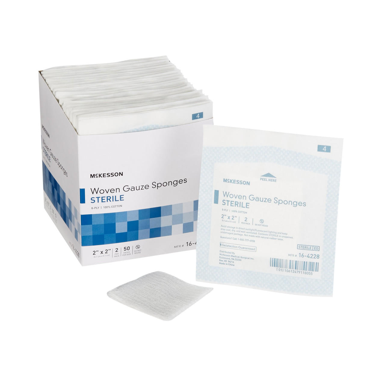 Sterile woven gauze sponges, 2x2 in 8-ply squares, box with loose gauze pads