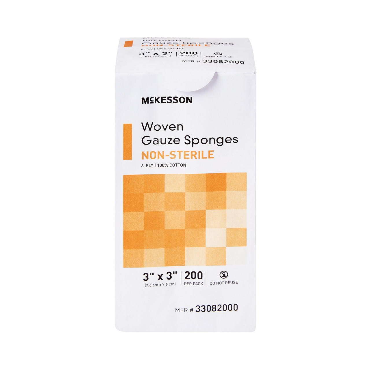 Non-sterile 8-ply woven gauze sponges, 3x3 in square, box front packaging