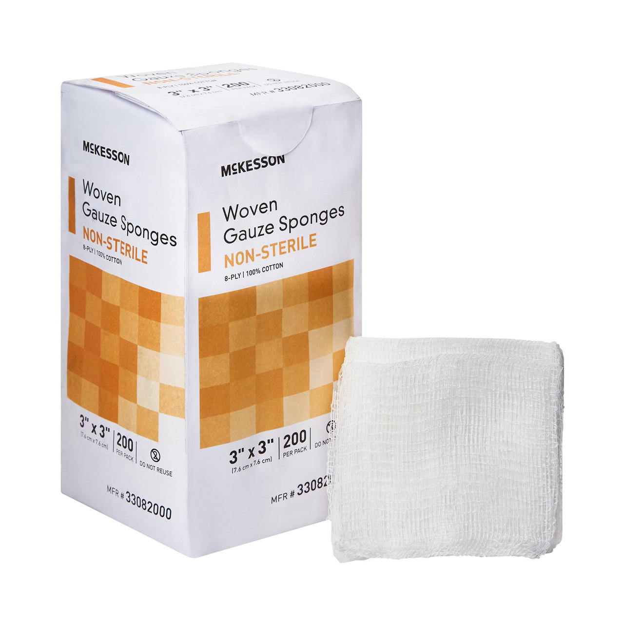 Non-sterile 8-ply woven gauze sponges, 3x3 in square, folded pads included