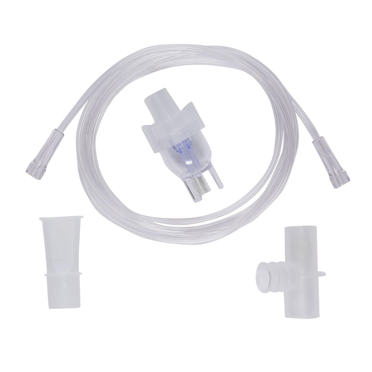 Handheld nebulizer kit with clear tubing, small medication cup, and mouthpiece set