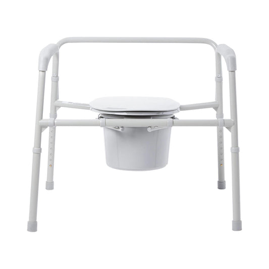 Folding bariatric commode with white seat and 12-qt bucket, front view