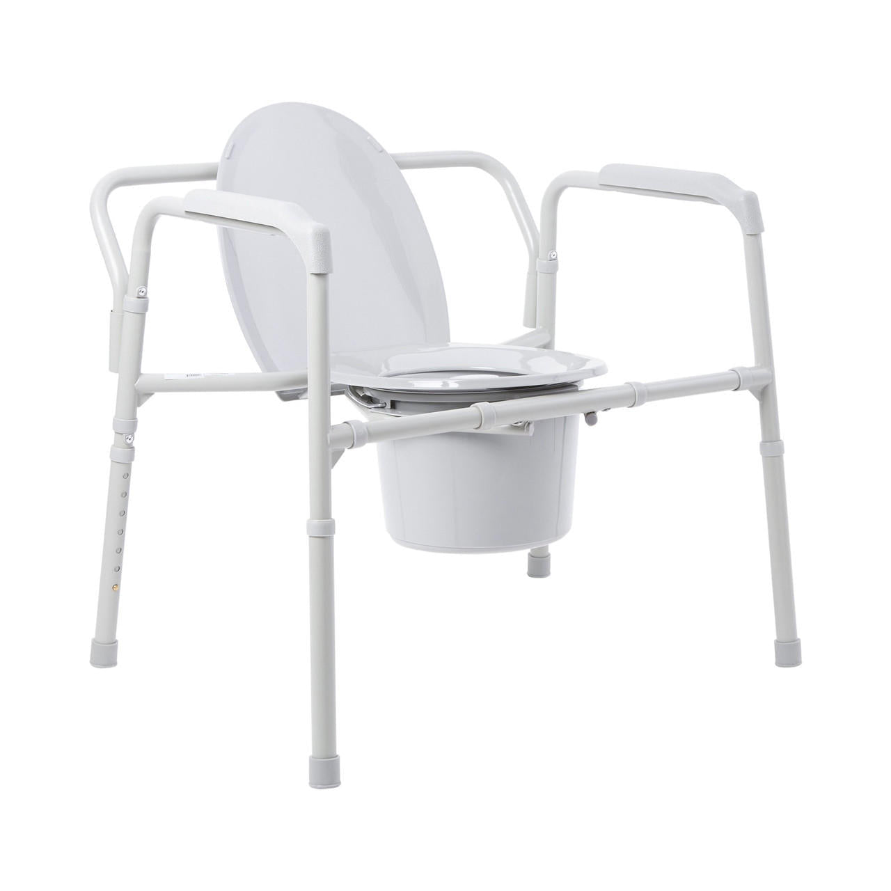 Heavy-duty folding bariatric commode with white seat and 12-qt bucket, side view