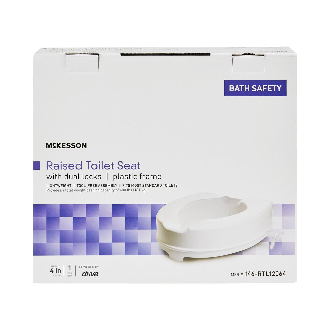 Raised toilet seat box with product image and bath safety label