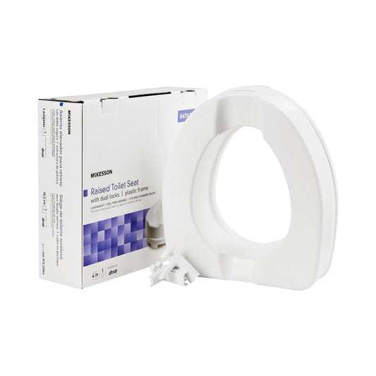 White raised toilet seat with oval opening and plastic frame